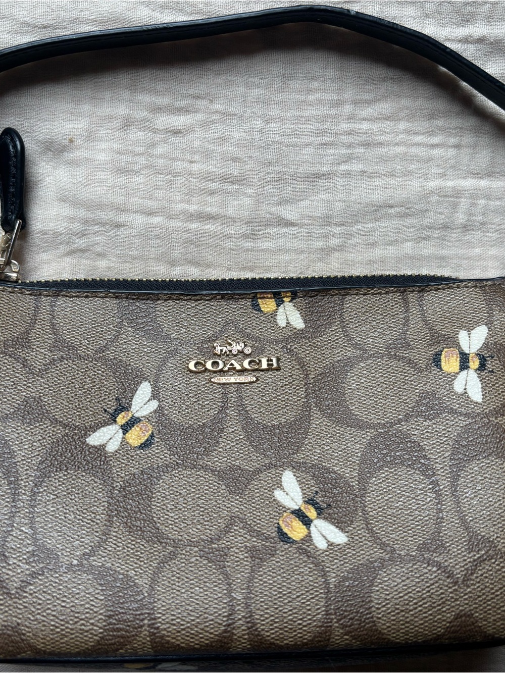 Coach Brown Signature Bee Print Shoulder Bag with Black Trim - Picture 4 of 16